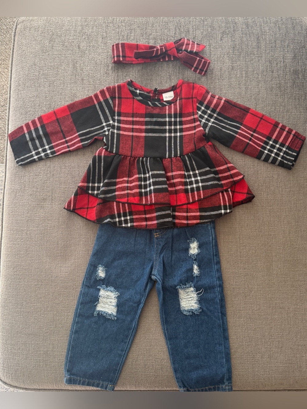 Red & Black Plaid Peplum Top with Headband and Distressed Jeans